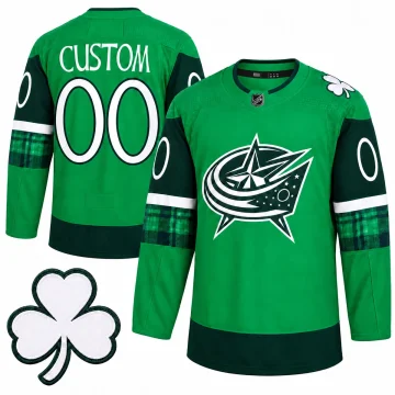 Green Columbus Blue Jackets St Patrick's style CUSTOM 00 jersey, front and back with plaid sleeves and a white shamrock shoulder patch.