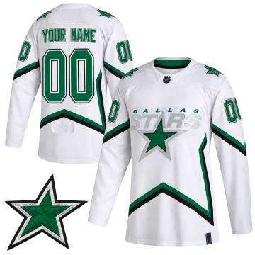 Dallas Stars 2020-21 Reverse Retro white customizable YOUR NAME 00 jersey, upright front and back on pure white with one shoulder patch insert.