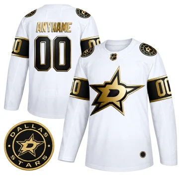 Custom Dallas Stars Golden Edition white jersey, front and back with black-and-gold shoulder patch