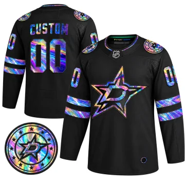 Dallas Stars black iridescent holographic CUSTOM 00 jersey, upright front and back with one matching circular shoulder patch enlarged at lower left.