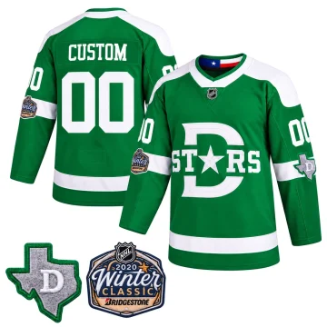 Dallas Stars Victory Green 2020 Winter Classic CUSTOM 00 jersey, upright front and back with Texas and Winter Classic sleeve patches enlarged at lower left.