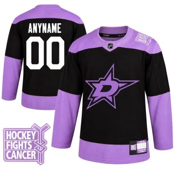 Dallas Stars black and lavender Hockey Fights Cancer ANYNAME 00 jersey, upright front and back with matching left shoulder campaign badge inset and dedication label retained.