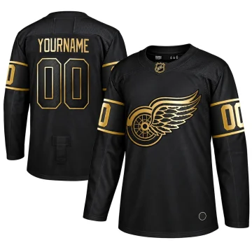 Detroit Red Wings black and gold custom YOURNAME 00 jersey, upright front and back on pure white with original labels retained.