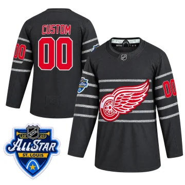 Detroit Red Wings gray 2020 All-Star CUSTOM 00 jersey, upright front and back with matching St. Louis event sleeve patch inset on pure white.