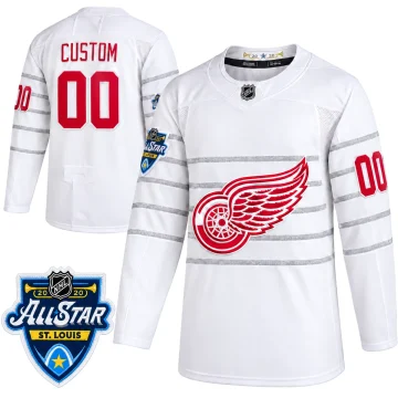 Detroit Red Wings white 2020 All-Star CUSTOM 00 jersey, upright front and back with matching St. Louis All-Star sleeve patch inset on pure white.