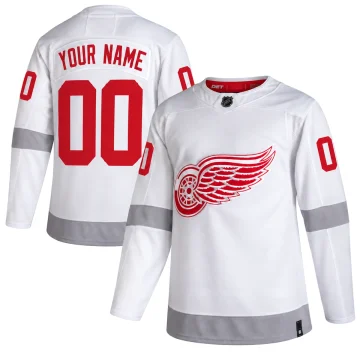 Detroit Red Wings white and silver Reverse Retro YOUR NAME 00 custom jersey, upright front and back on pure white background.