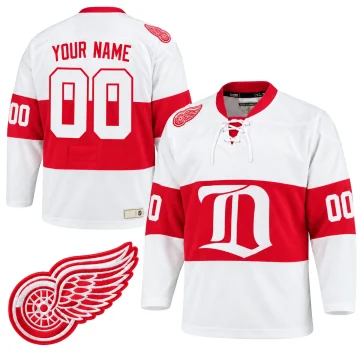 Detroit Red Wings white and red Heritage YOUR NAME 00 custom jersey, upright front and back with matching red winged wheel shoulder patch inset.