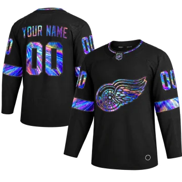 Detroit Red Wings black iridescent holographic YOUR NAME 00 custom jersey, upright front and back on pure white.