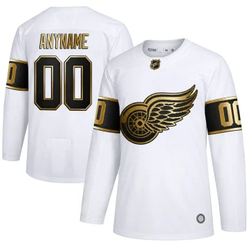 Detroit Red Wings custom white and gold ANYNAME 00 jersey, upright front and back on pure white background.