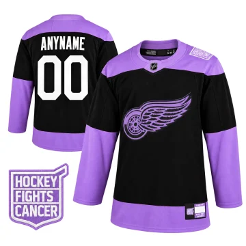Detroit Red Wings black and lavender Hockey Fights Cancer ANYNAME 00 jersey, upright front and back with matching shoulder patch inset on pure white.