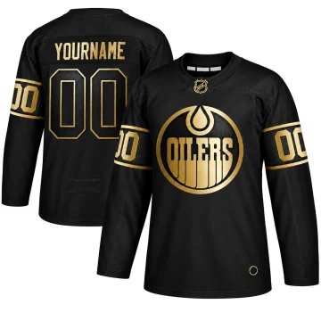 Edmonton Oilers custom black and gold YOURNAME 00 jersey, upright front and back on pure white background.