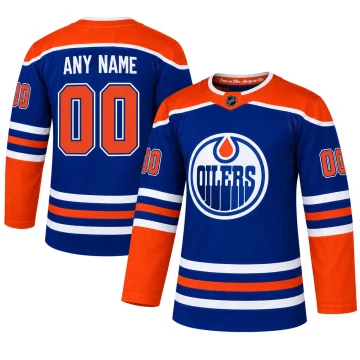 Edmonton Oilers royal blue and orange custom ANY NAME 00 jersey, upright front and back, pure white background.