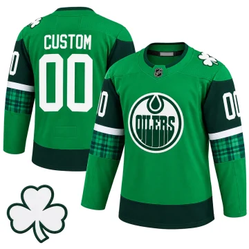 Edmonton Oilers green St. Patrick custom 00 jersey, upright front and back with white shamrock patch detail on pure white.