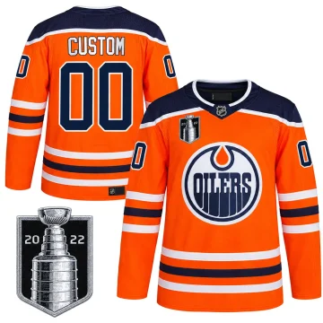 Custom Edmonton Oilers orange 2022 Stanley Cup Playoffs jersey, front and back, with CUSTOM and number 00