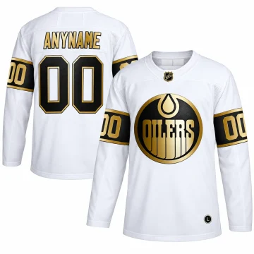Custom Edmonton Oilers white and gold hockey jersey, front and back