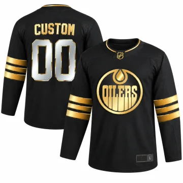 Custom Edmonton Oilers black and gold hockey jersey, front and back
