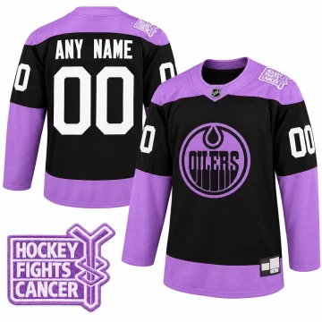 Custom Edmonton Oilers Hockey Fights Cancer black and lavender jersey, front and back with verified shoulder crest