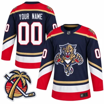 Custom Florida Panthers 2020-21 Reverse Retro navy jersey, front and back, with palm tree shoulder patch