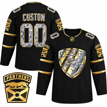 Custom Florida Panthers black diamond edition jersey, front and back, with matching shoulder patch