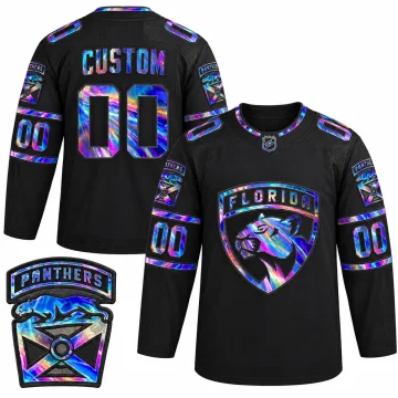 Front and back of a custom Florida Panthers iridescent holographic black jersey with one verified shoulder patch insert