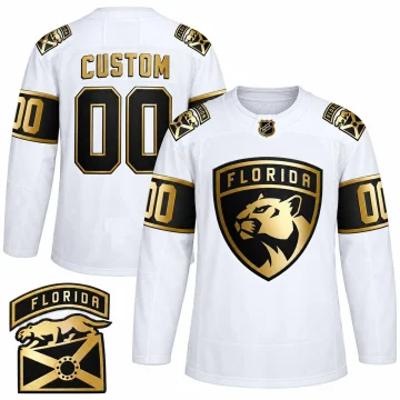 Front and back of a custom Florida Panthers Golden Edition white jersey with one verified shoulder patch insert