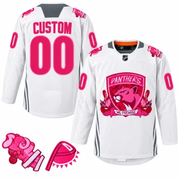 Front and back of a custom Florida Panthers Pink in the Rink 2022 white warmup jersey with two verified shoulder patch inserts