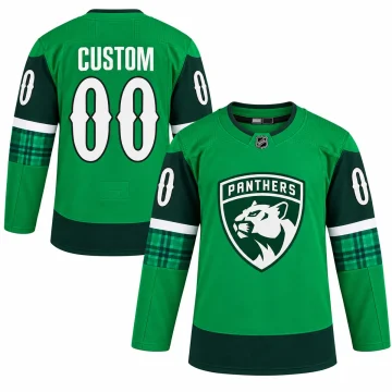 Front and back of a custom Florida Panthers St. Patrick's Day green warm-up jersey with CUSTOM and 00 on a pure white background
