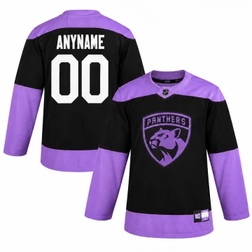 Front and back of a custom Florida Panthers black and purple Hockey Fights Cancer practice jersey