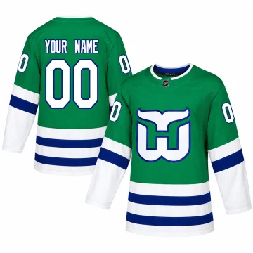 Front and back of a custom Hartford Whalers 2019-20 heritage green hockey jersey