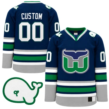 Front and back of a custom Hartford Whalers heritage throwback night navy hockey jersey with white Pucky shoulder patch