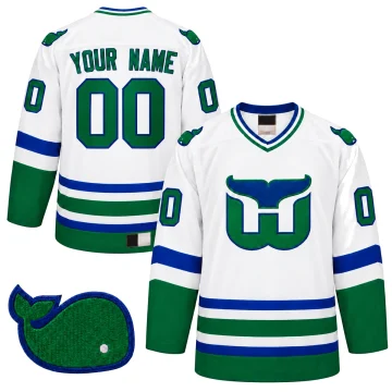 Front and back of a custom Hartford Whalers heritage throwback white hockey jersey with Pucky the Whale shoulder patch