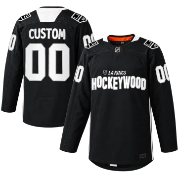 Custom Los Angeles Kings Hockeywood black 2022 warm-up jersey, front and back