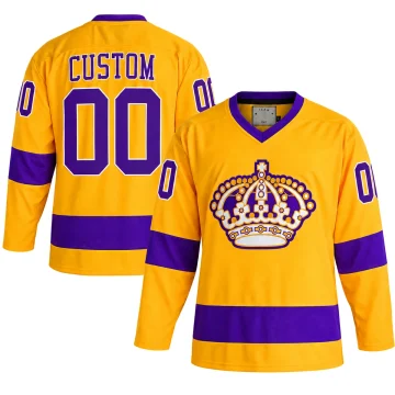 Custom Los Angeles Kings Team Classics gold throwback hockey jersey, front and back