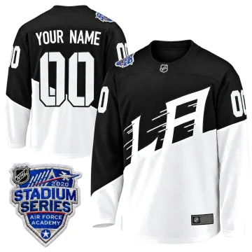 Front and back views of the black and white Los Angeles Kings 2020 Stadium Series custom jersey with one verified event patch detail