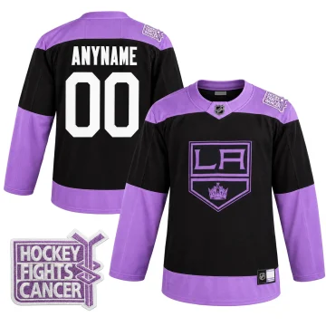 Front and back views of a black and lavender Los Angeles Kings Hockey Fights Cancer custom jersey with one verified patch detail