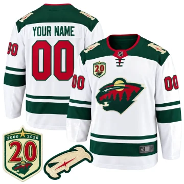 Minnesota Wild 2020-21 20th Anniversary white away custom hockey jersey with verified patches, front and back