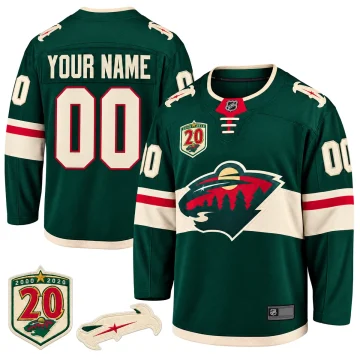 Minnesota Wild 2020-21 20th Anniversary green custom hockey jersey with verified patches, front and back