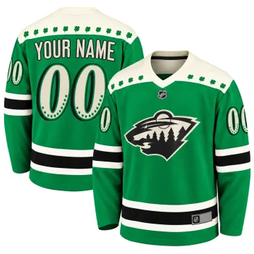 Minnesota Wild St. Patrick's Day green custom hockey jersey, front and back view