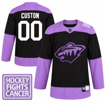 Minnesota Wild custom Hockey Fights Cancer black and lavender CUSTOM 00 jersey with verified shoulder patch, front and back