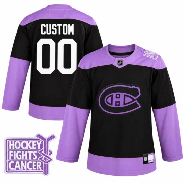 Montreal Canadiens 2020 Hockey Fights Cancer black and lavender CUSTOM 00 jersey, front and back, with verified shoulder patch detail
