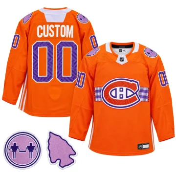 Montreal Canadiens Indigenous Celebration Night orange warmup jersey, front and back, with Flint Arrowhead and Silver Covenant Chain patch details