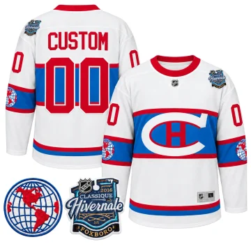 Custom Montreal Canadiens 2016 Winter Classic white jersey, front and back with verified globe and Classique Hivernale patches