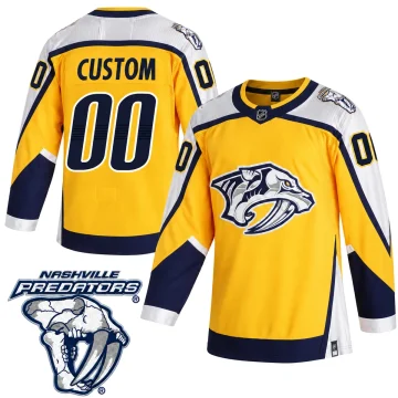Custom Nashville Predators 2020-21 Reverse Retro gold jersey, front and back with verified skull shoulder patch