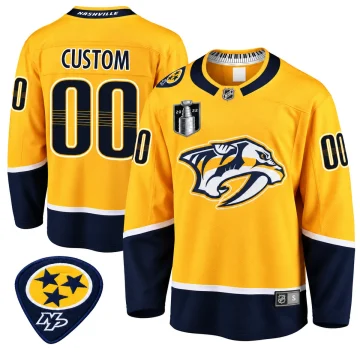 Nashville Predators gold and navy custom 00 jersey, upright front and back, guitar-pick shoulder patch detail, white background.