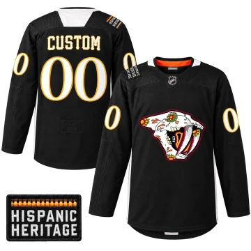 Custom Nashville Predators 2022 Hispanic Heritage black warmup jersey, front and back views