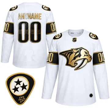 Áo Nashville Predators Golden Edition màu trắng, mặt trước và sau, kèm patch vai tri-star