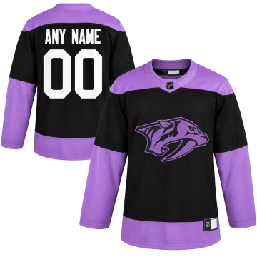 Áo Nashville Predators Hockey Fights Cancer tập luyện màu đen và tím, mặt trước và sau