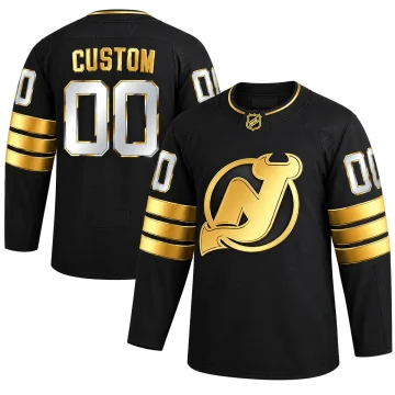 Custom New Jersey Devils black, metallic gold and silver jersey, front and back, flat white background