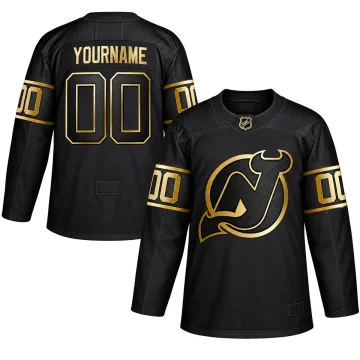 Custom New Jersey Devils black and metallic gold jersey, front and back, flat white background