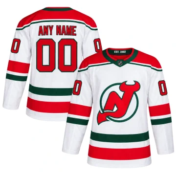 Custom New Jersey Devils 2018-19 Heritage white jersey, front and back, flat white background